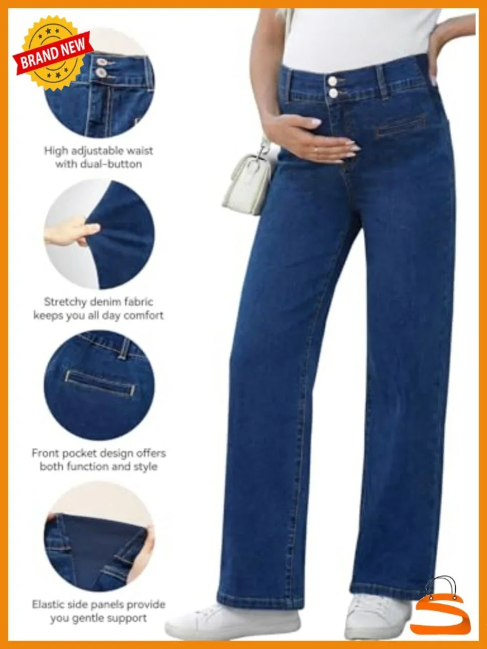 Maternity High Rise Straight Leg Boyfriend Jeans Cotton Adjustable Waist
